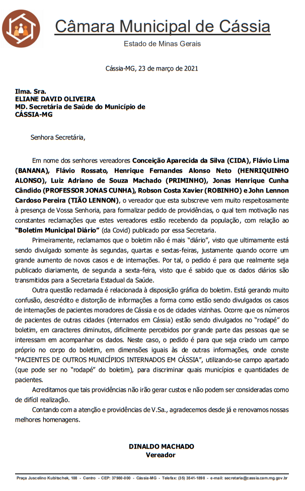 Vereadores cobram mais clareza nas informações do Boletim Diário do Município de Cássia